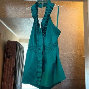 Teal or torquoise halter silk top